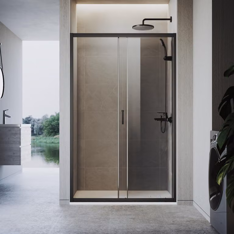 Cabina doccia SONNI 110 x 185 cm in nero opaco, porta scorrevole, binario superiore e inferiore, vetro grigio da 5 mm, telaio della porta con posizione di regolazione -20 mm