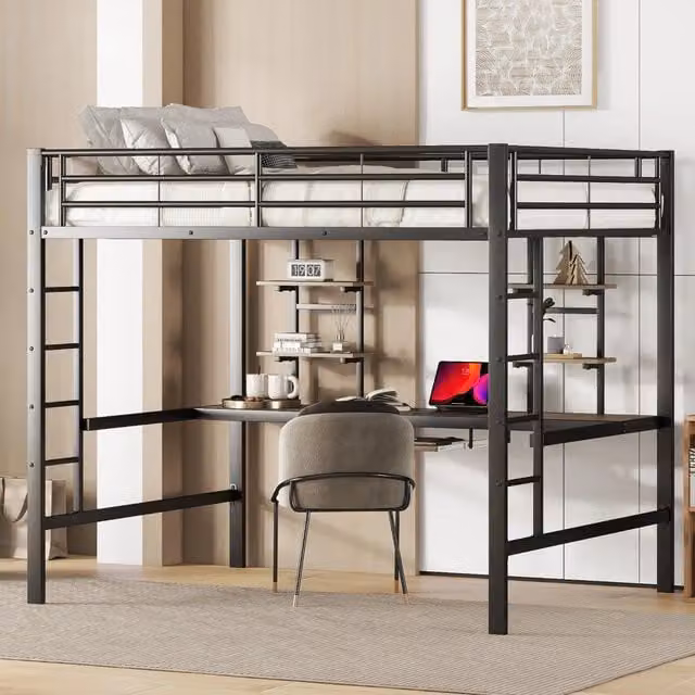 Letto a soppalco in metallo con scrivania e libreria, 140x200 cm, nero