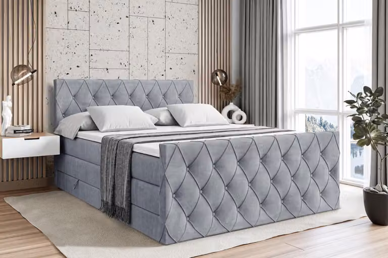 Letto boxspring ALTDECOR con materasso e rete a doghe - AMAY KING - 140x200 cm - Velluto grigio - Coprimaterasso, testiera, letto imbottito con contenitore, letto con vano portaoggetti H3 e H4 - Materasso, letto matrimoniale, letto boxspring