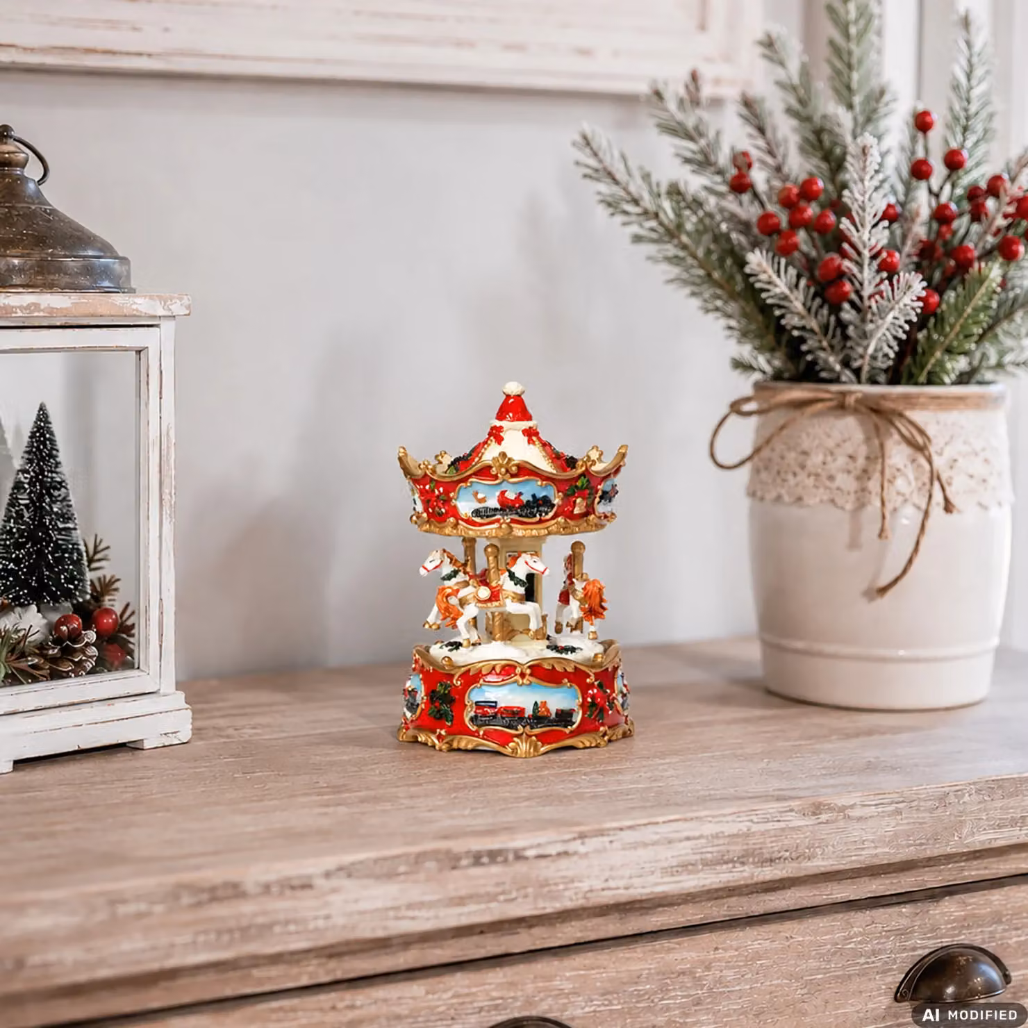 Vestiamo Casa Gran Natale Carillon Giostrina Natalizia con Cavalli in Movimento, Musicale a Carica Meccanica, Multicolore, H 16 cm – 2