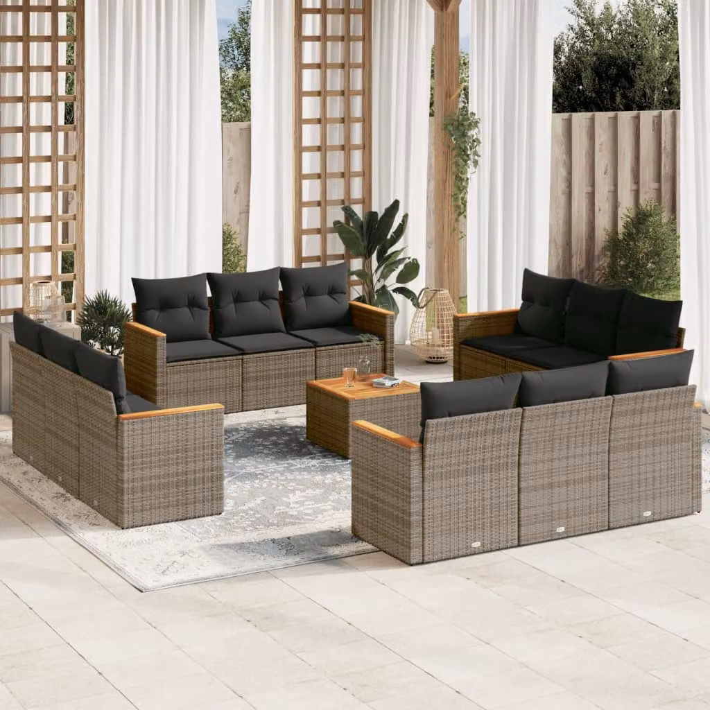 vidaXL Set Divani da Giardino 13 pz a Forma a U in Polyrattan Grigio con Cuscini e Tavolino da Esterno – 1