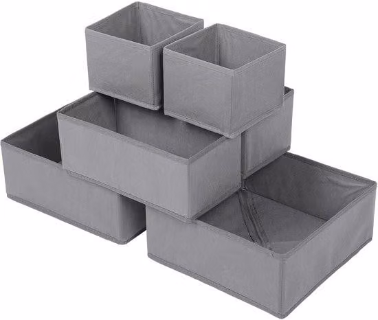 Set di contenitori in tessuto grigio, 6 pezzi, contenitori pieghevoli per la biancheria