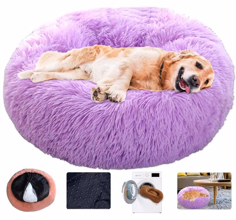 Cuccia per cani a forma di ciambella, nido rotondo, in peluche, lavabile, colore lilla, dimensioni S (50 cm)