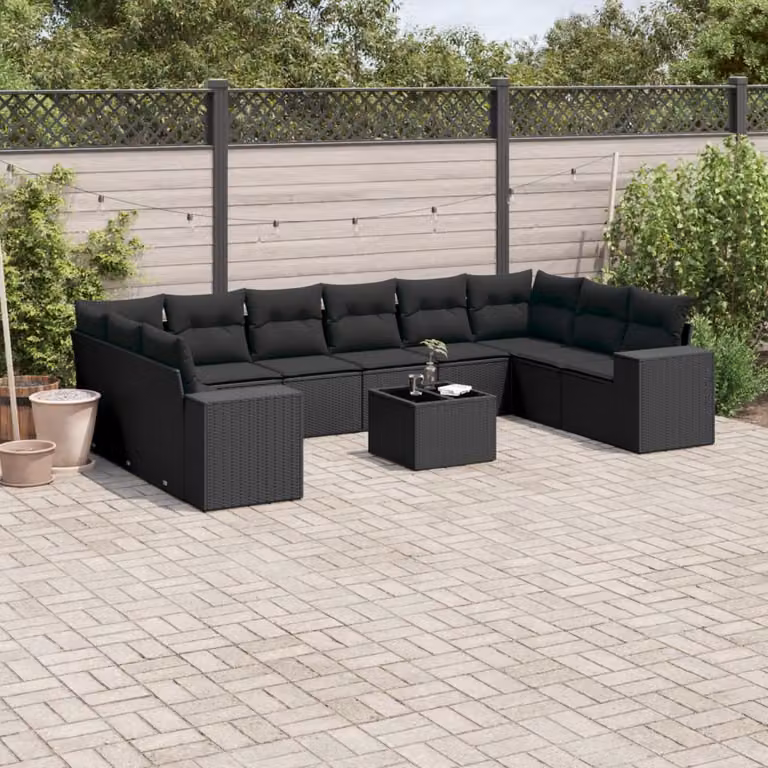 vidaXL Set Divani da Giardino 11 pz in Polyrattan Nero con Cuscini e Tavolino