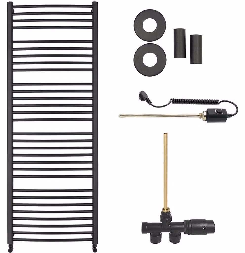 Set radiatore per bagno Stefano - riscaldamento combinato, barra termica - collegamento laterale a un punto - 600W - nero opaco - 1210x650 mm
