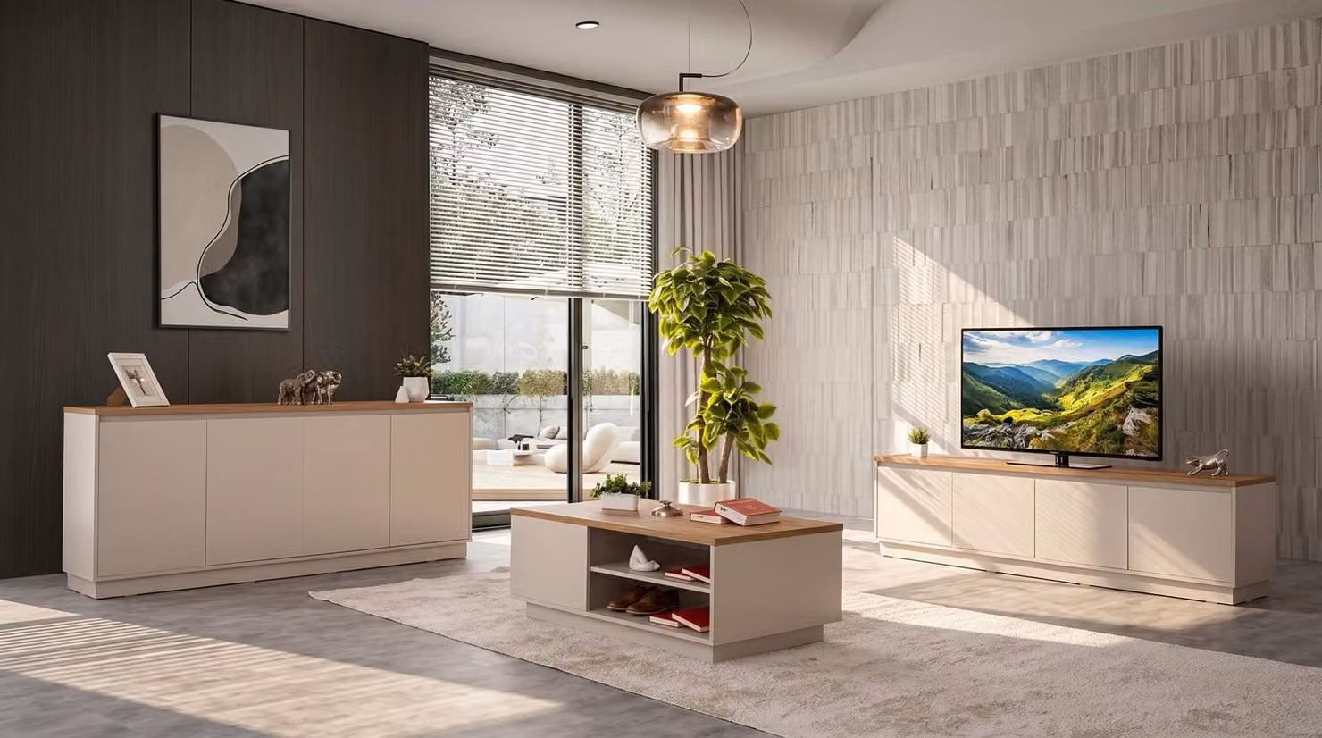 Set per soggiorno color beige: mobile TV, tavolino, consolle, design moderno