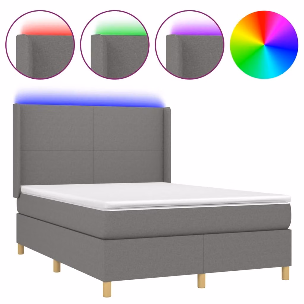 Letto a Molle Materasso e LED Grigio Scuro 140x200cm in Tessuto