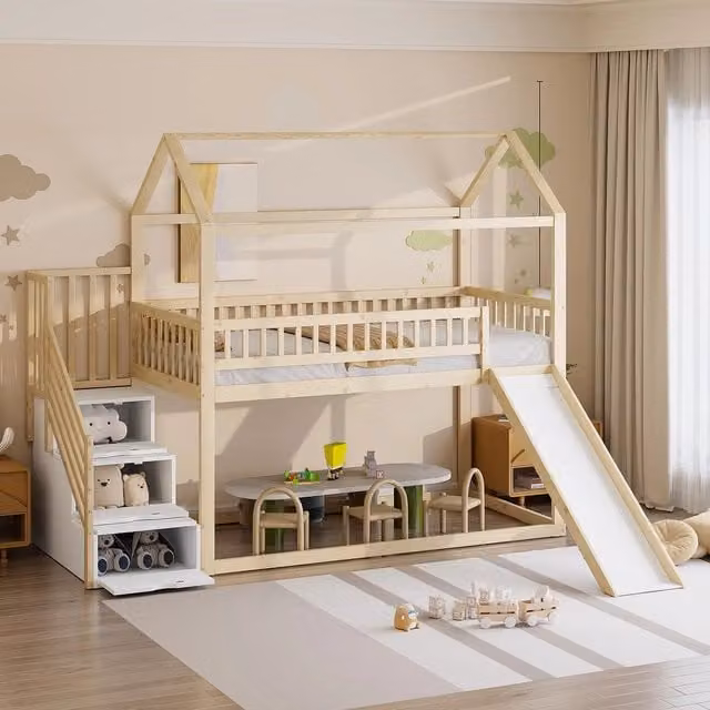Letto a soppalco per bambini ¨C Minimal ¨C 90x200 cm, legno massello di pino, con scivolo, rete a doghe inclusa