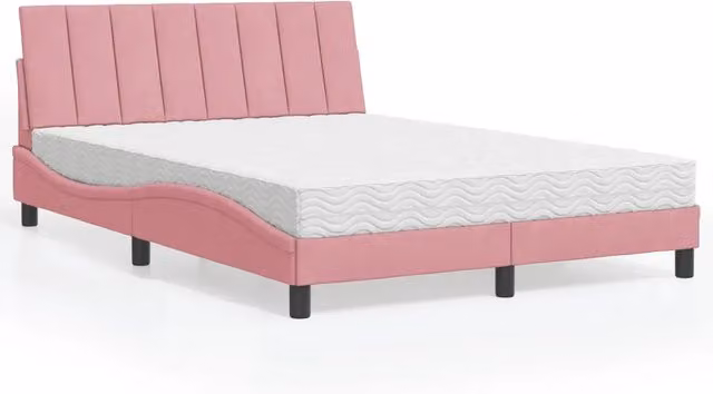 Letto moderno vidaXL con materasso Hanko in velluto rosa e bianco, dimensioni 140x200 cm