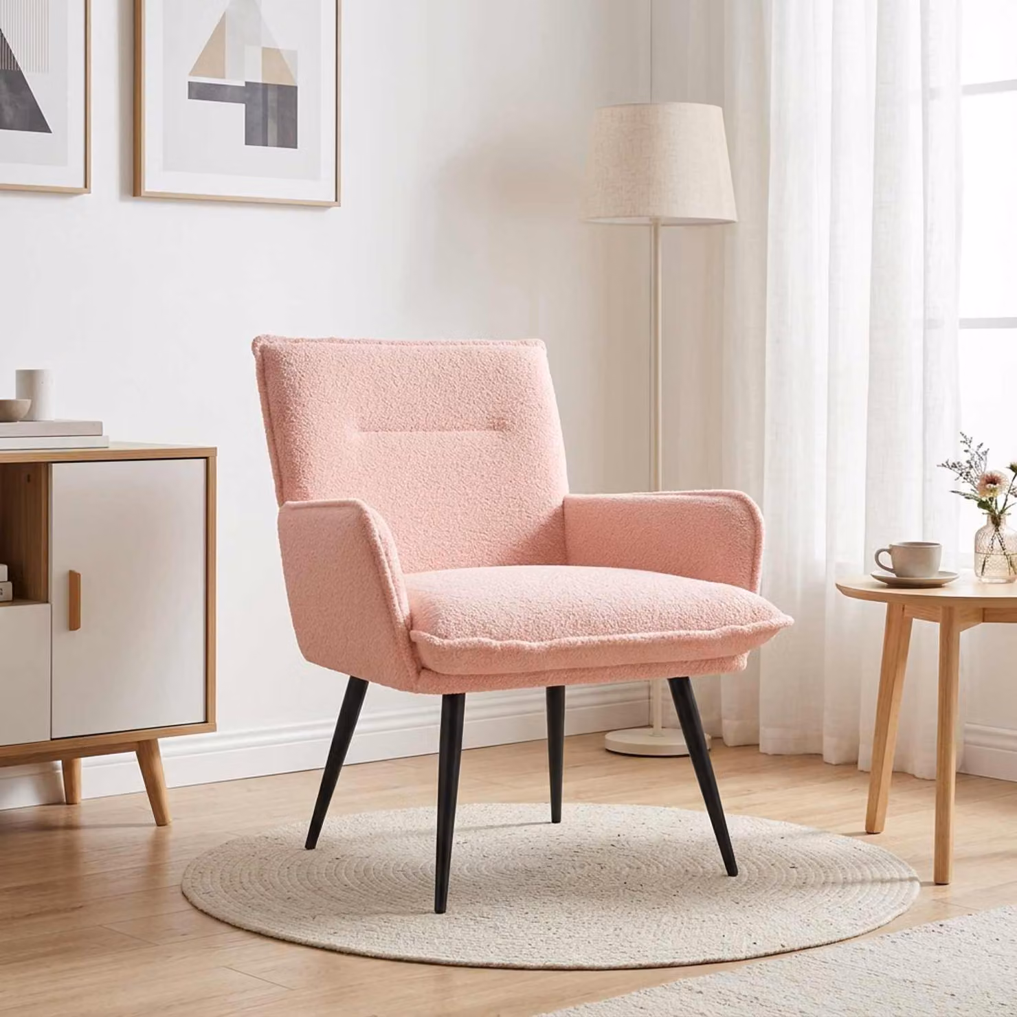 Poltrona moderna vidaXL in tessuto bouclé rosa con braccioli e struttura in legno e metallo