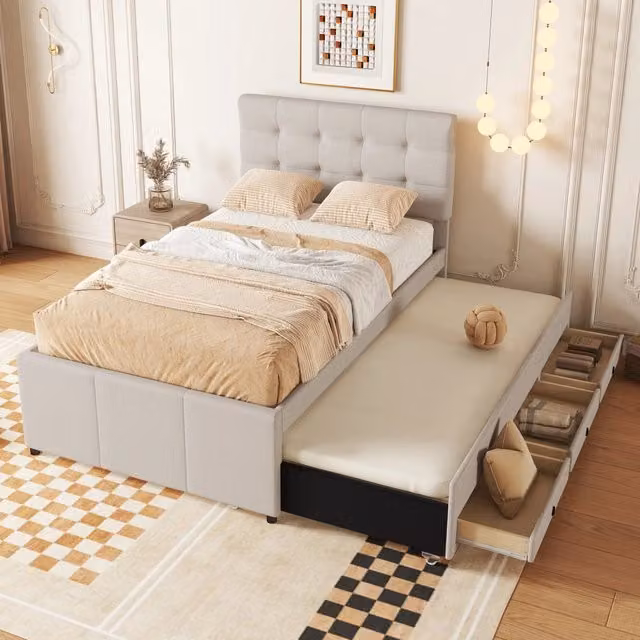Letto singolo 90 × 200 cm, 3 cassetti e letto estraibile 90 × 190 cm, senza materasso, lino beige