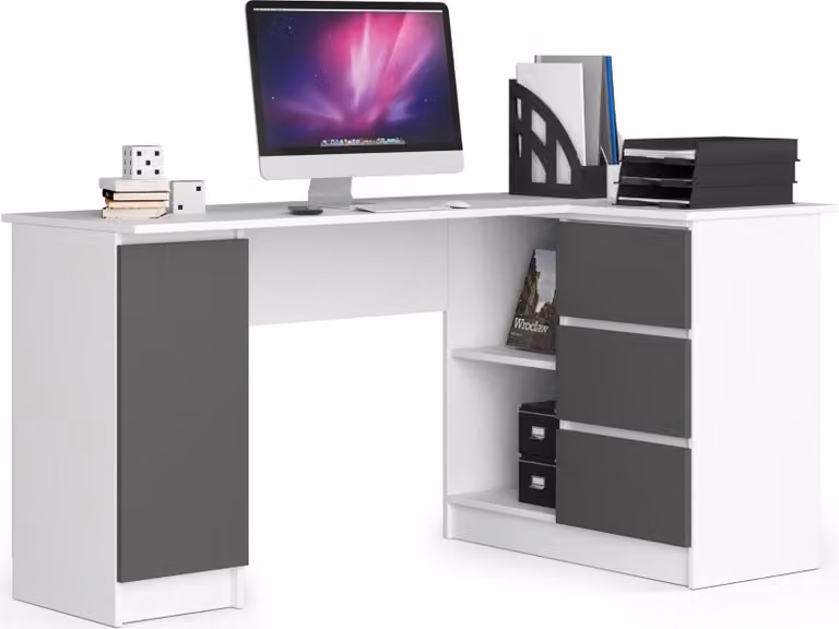 Akord Scrivania Angolare Con 3 Cassetti E 1 Anta Bianco/Grigio Grafite 155X85X77 Cm
