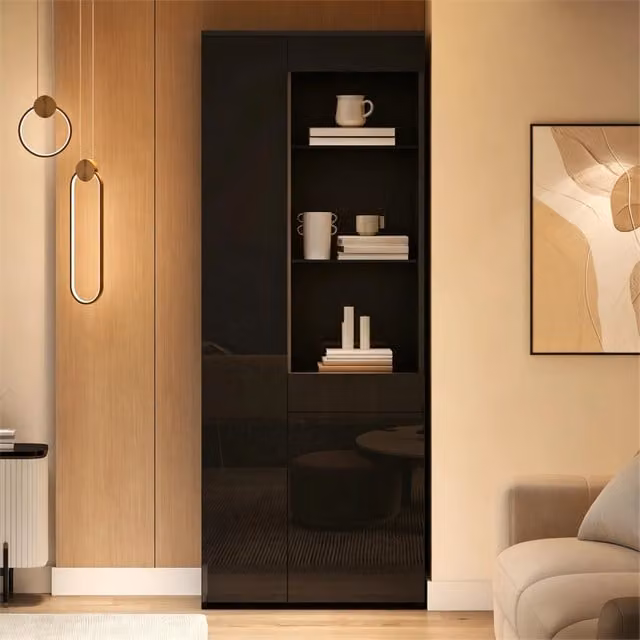 Mobile vetrina 180 cm in vetro temperato con cassetti; vetrina nera con luci led controllabili da app; frontale lucido; 70x35x180 cm