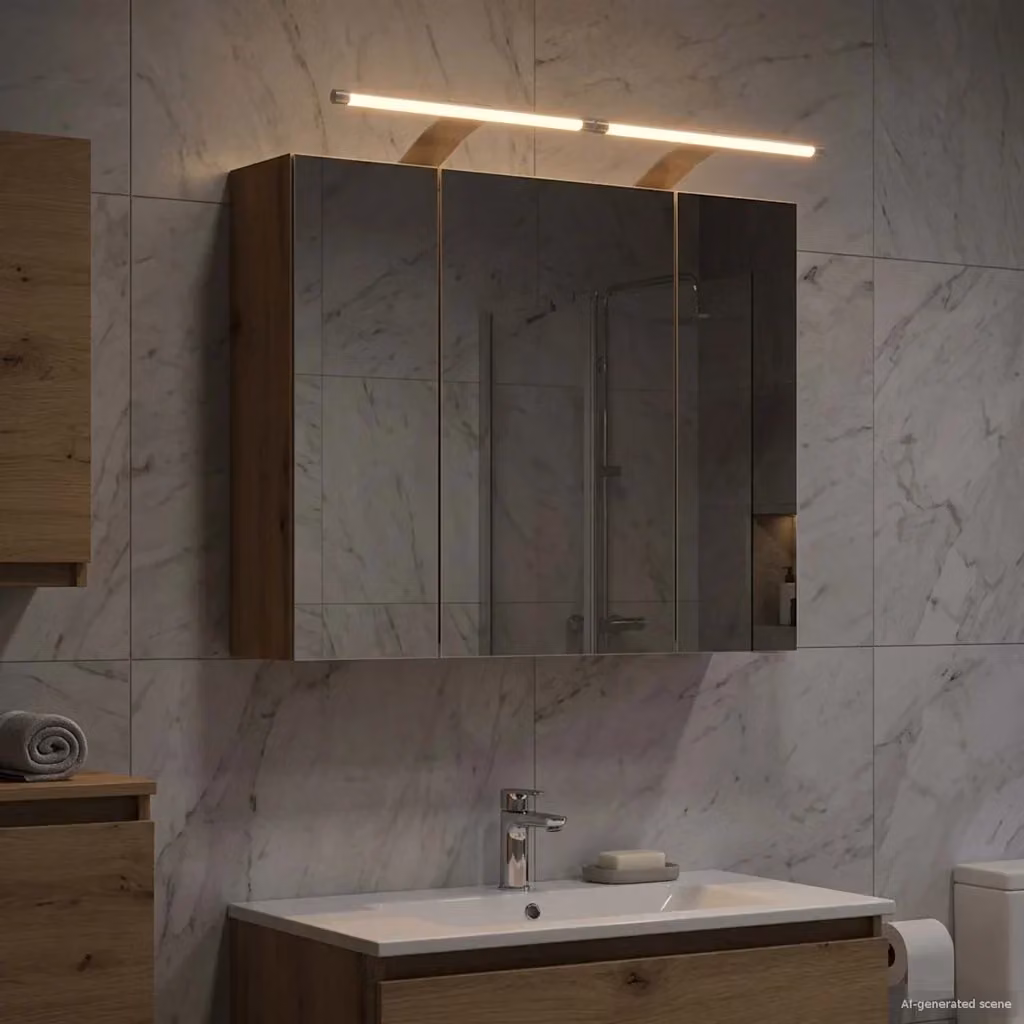 Armadio da bagno sospeso vidaXL in legno rovere con illuminazione LED e ante in vetro, Marrone, L: 60,0 cm, H: 50,0 cm, P: 14,5 cm – 2