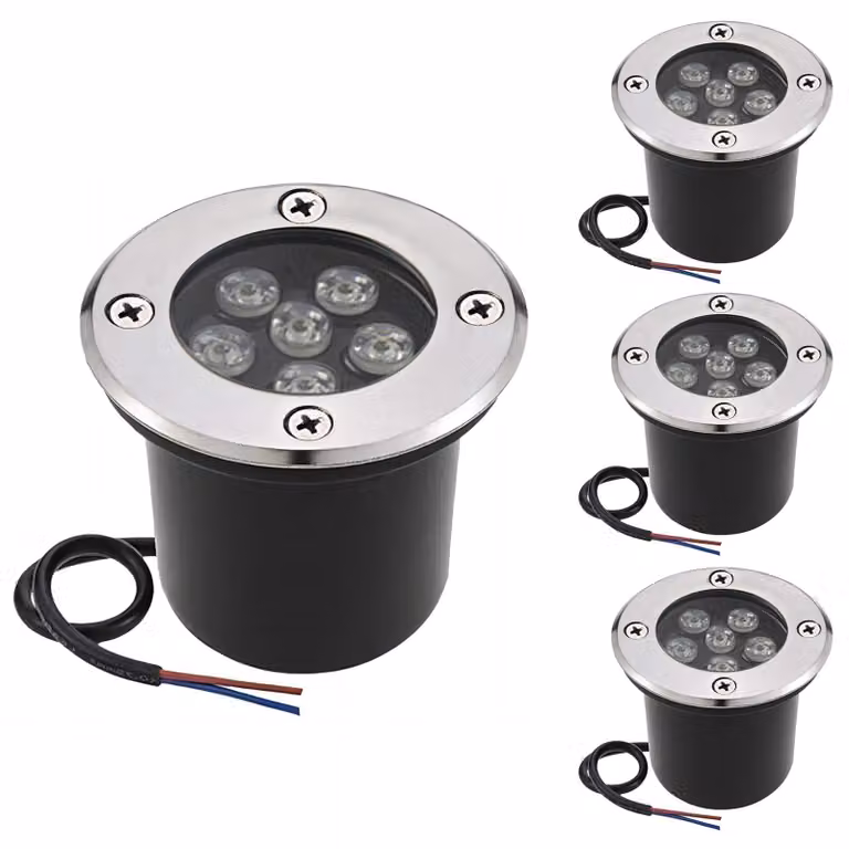 4 faretti a LED da incasso per pavimento, 6W, bianco freddo, grado di protezione IP67, resistenti a carichi fino a 800 kg, forma circolare