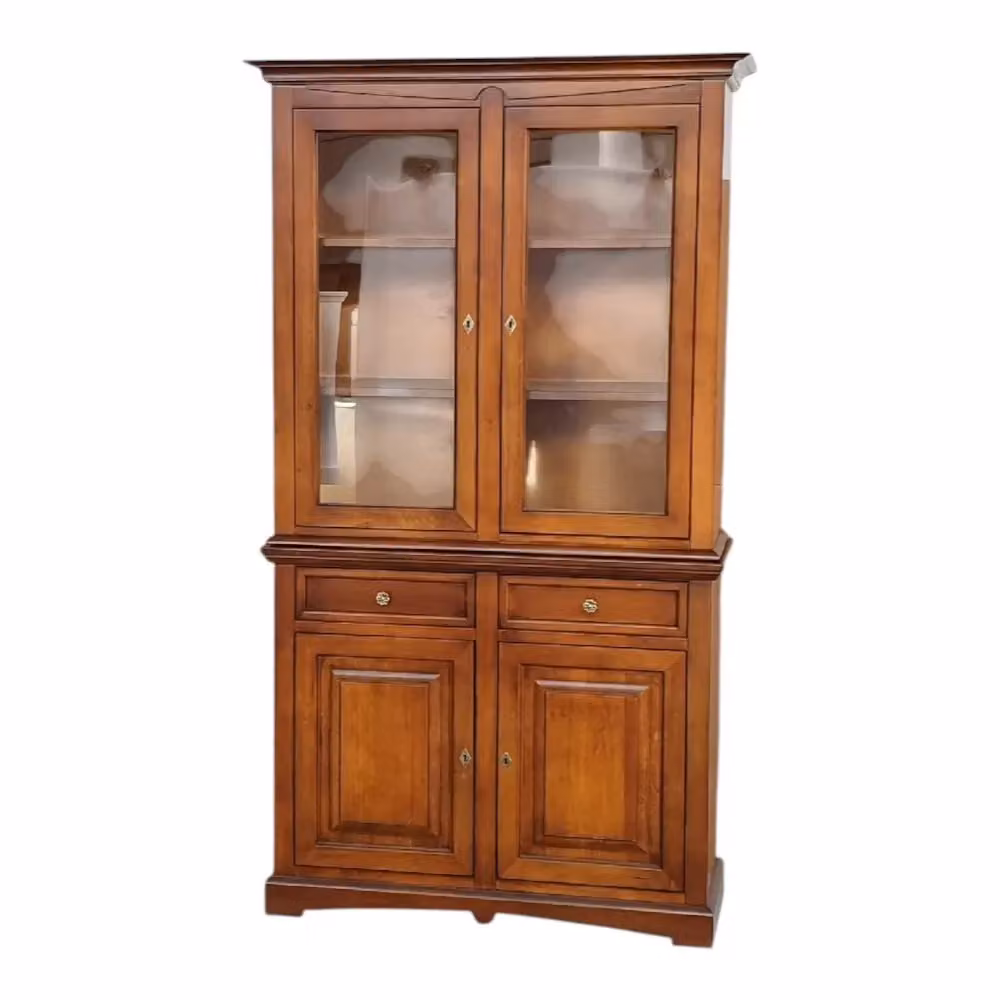 Cristalliera classica Mobili 2G in legno noce con ante in vetro e specchio, colore marrone, L: 117 cm, P: 46 cm, H: 220 cm – 2
