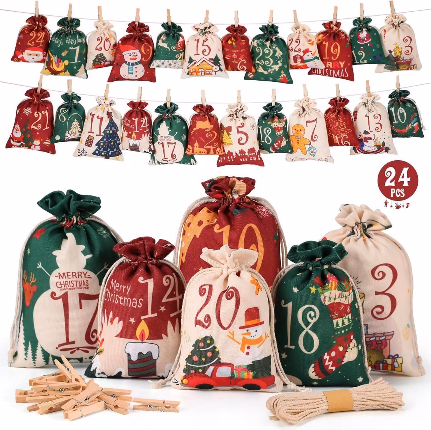 Calendario dell'Avvento da riempire 2024 borsa in tessuto fai da te clip in legno corda di canapa rosso verde beige