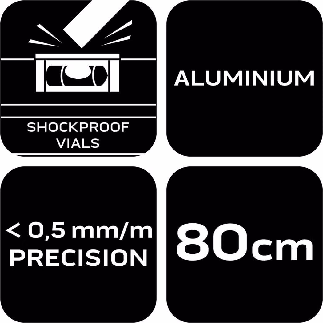 NEO TOOLS livella in alluminio, 0,5 mm/m 40, 60, 80, 100, 120, 150, 200 cm livella con attacco antiurto - 80 cm