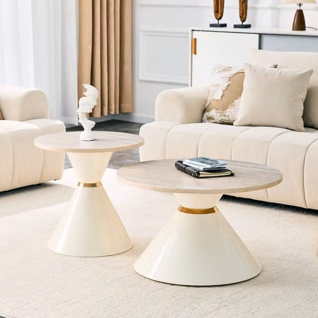 Set di 2 tavolini nesting WISHDOR con piano rotondo effetto pietra beige e struttura in metallo crema con dettagli dorati