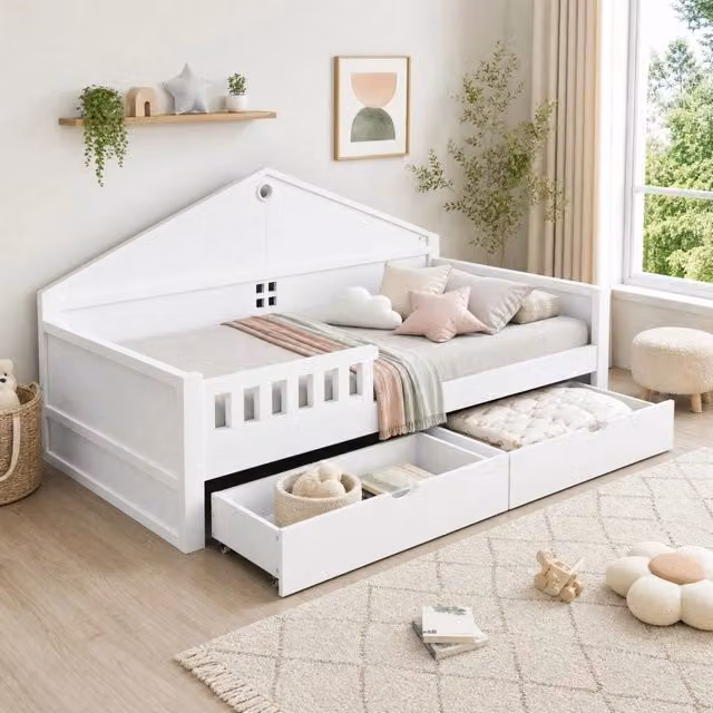 Letto 90x200 cm con luci LED e cassetti; bianco