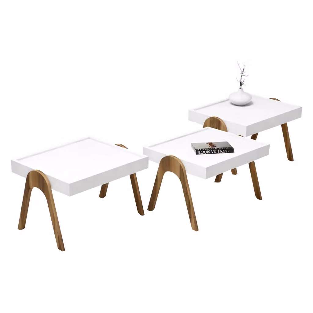 Set di 3 tavolini da salotto impilabili Strembo, design moderno in legno bianco e noce, L/P/H: 54 x 40 x 64 cm – 2