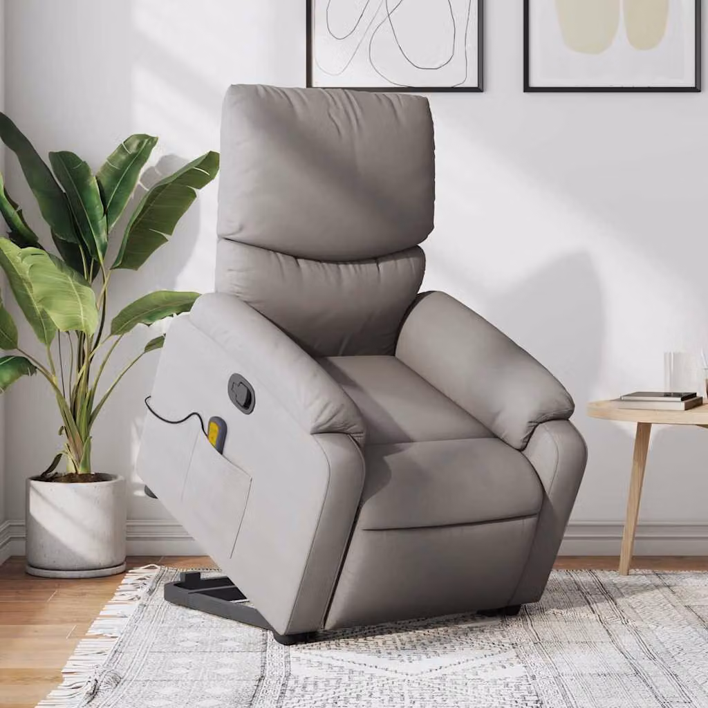 vidaXL Poltrona Alzapersona Reclinabile con Massaggio per Anziani in Tessuto e Finta Pelle, Beige/Grigio – 1