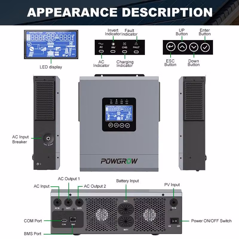 Inverter ibrido solare da 6500 W, 48 V - Doppia uscita - Caricabatterie solare MPPT