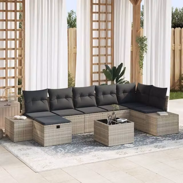 Set Divano da Giardino a L vidaXL 8 Pezzi Grigio con Poltroncina, Tavolino e Cuscini in Polyrattan e Acciaio
