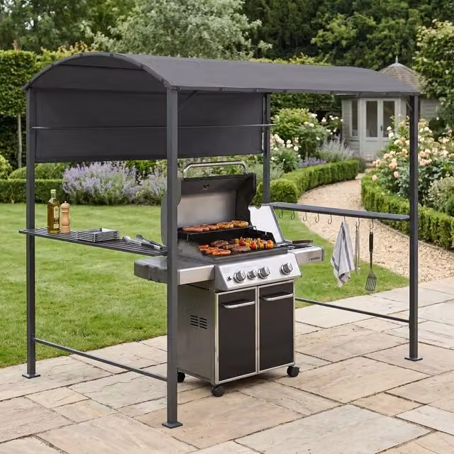 Gazebo per Barbecue Pyrgos en.casa con 2 Ripiani, Grigio Antracite, L: 215 cm, P: 220 cm, H: 140 cm