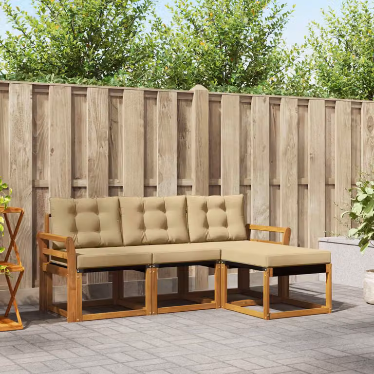 Set di divani da esterno vidaXL a forma di L composto da 4 pezzi in legno di acacia con cuscini beige e sabbia