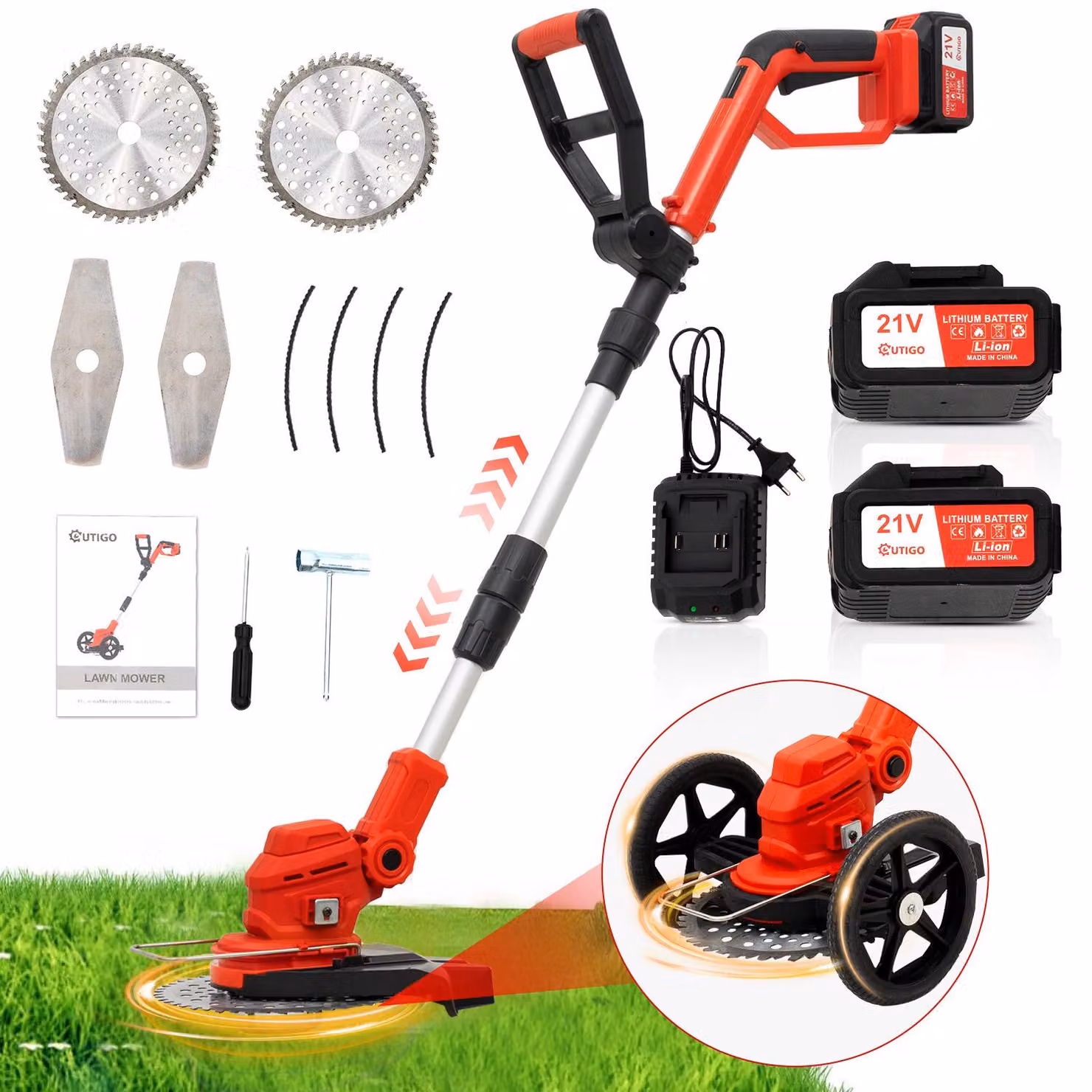 Tosaerba a batteria, tagliabordi a batteria con 2 batterie da 4000mAh 21v, regolabile in altezza e angolazione, per tagliare prati e cespugli all'aperto