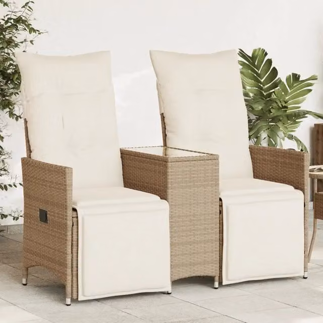 Divano Giardino Reclinabile 2 Posti Tavolino Beige Polyrattan 365718