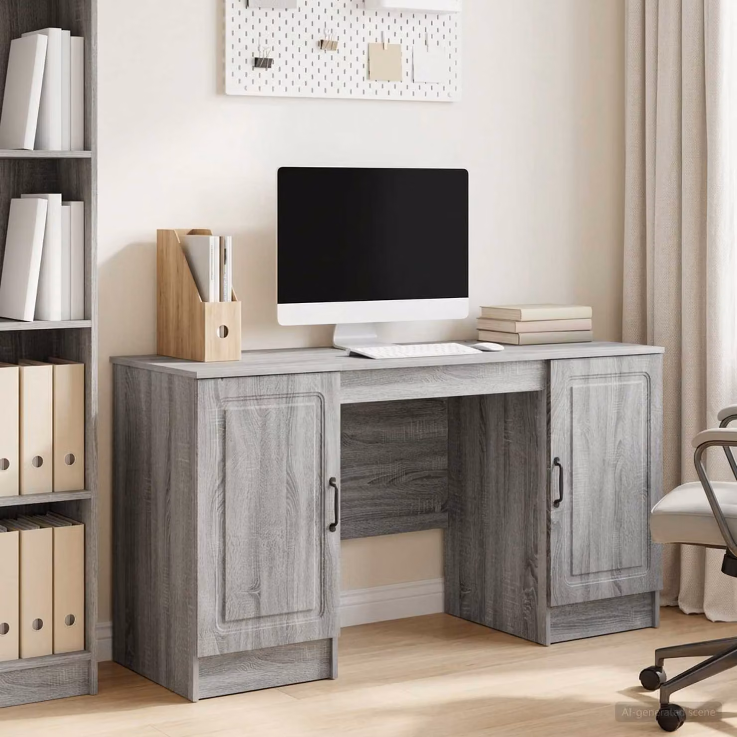 Scrivania moderna vidaXL in legno ingegnerizzato MDF, Grigio, L: 142,5 cm, P: 50 cm, H: 75 cm