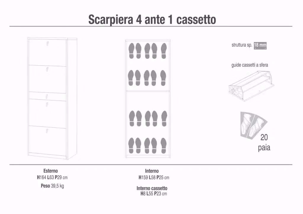Scarpiera moderna SARMOG con 4 ante e cassetti interni, colore beige, L: 63 cm, P: 29 cm, H: 164 cm – 2