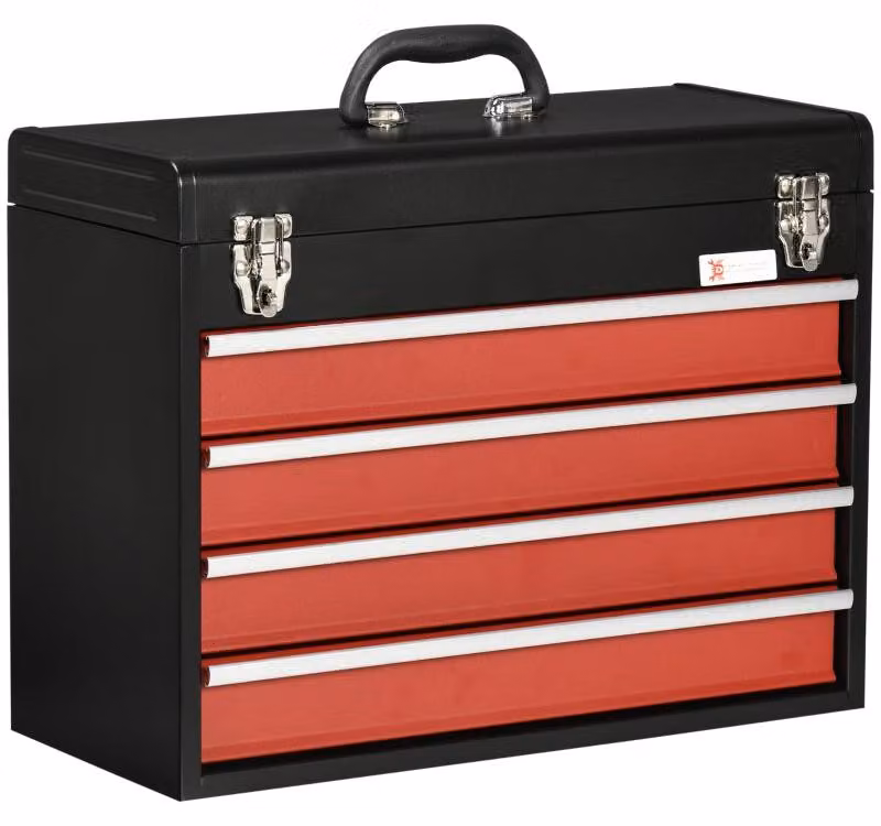 Valigetta per attrezzi, con 4 cassetti e vano portaoggetti | Colore: nero e rosso | Dimensioni: 22x51x39,5 cm