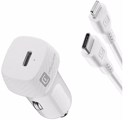 Caricabatterie da auto Cellular Line 20W con USB Type-C e Lightning, Bianco
