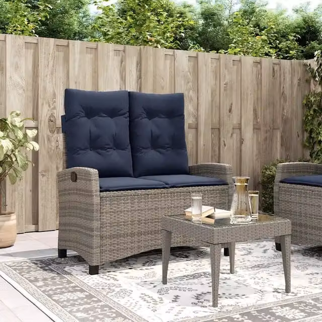 Panca da giardino reclinabile vidaXL in rattan e metallo con cuscini blu e grigi – 1