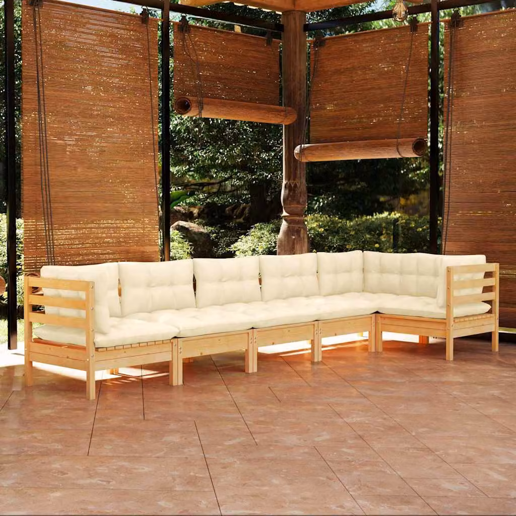 Set Salotto da Giardino vidaXL a Forma di L in Legno di Pino con Cuscini Beige e Bianco per 6 Persone