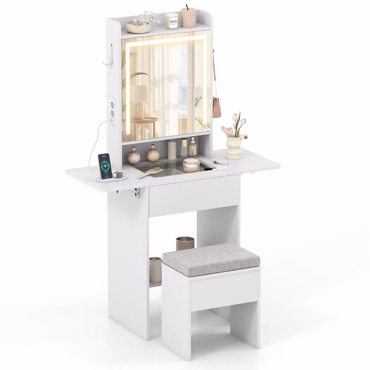 Costway Tavolo da trucco moderno con specchio Hollywood LED, piano in vetro e sgabello con contenitore, colore bianco