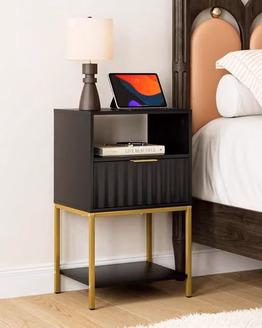 Cassettiere moderna - nera e dorata opaca - 1 pezzo - MDF e metallo - 39x29x64,8 cm