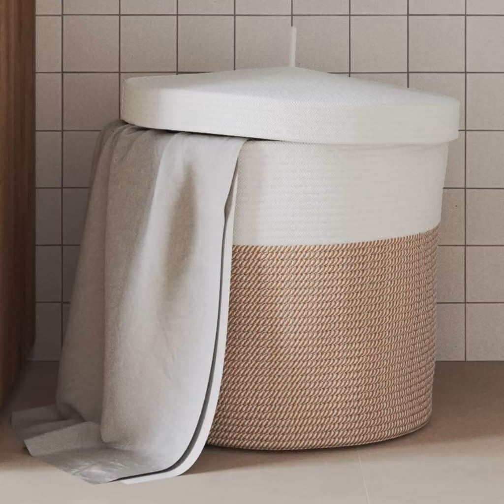Cestino portaoggetti con coperchio e maniglie vidaXL in cotone, marrone e bianco, Ø 40 x 35 cm