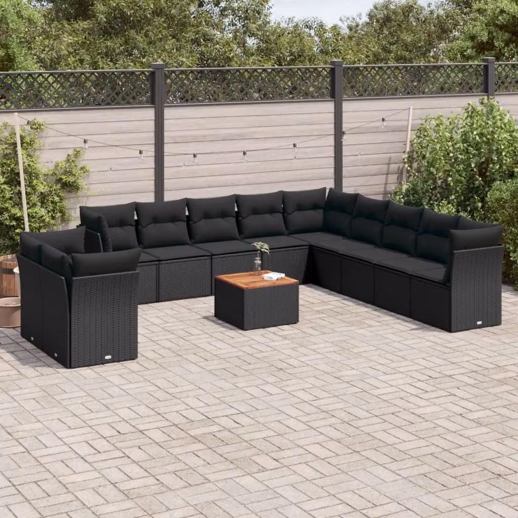 vidaXL Set Divani da Giardino a L con Tavolino, 12 Pezzi, Polyrattan e Legno di Acacia, Nero e Marrone – 1