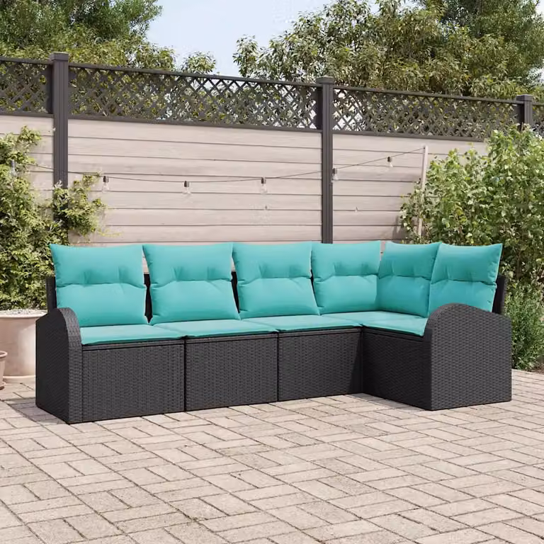Set Divano da Giardino vidaXL a Forma di L in Polyrattan con Cuscini, Nero e Turchese