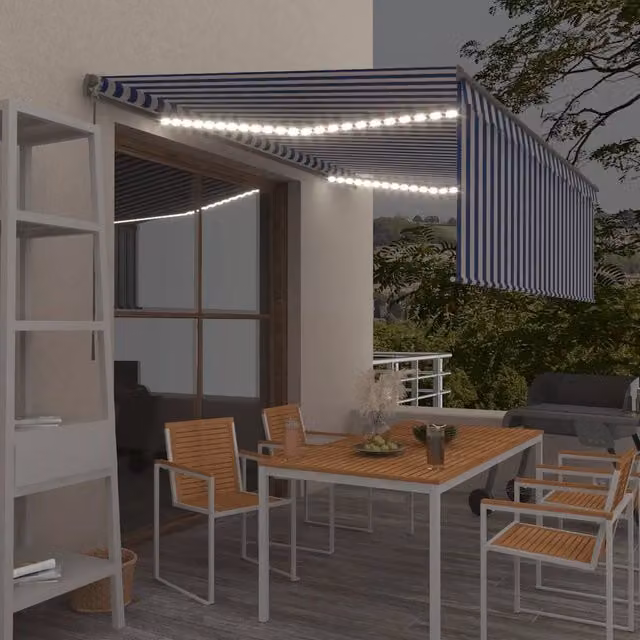 Tenda Sole Retrattile Manuale con LED 4,5x3m Blu e Bianco 3069441
