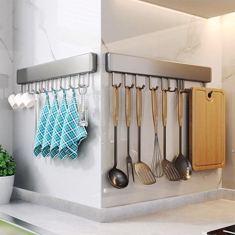 DE Alluminio Appendiabiti da cucina Supporto da cucina senza forature con 8 ganci