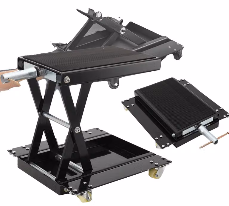 Sollevatore per motociclette, capacità di carico 500 kg, altezza regolabile da 120 a 390 mm, dimensioni della piattaforma 365×222 mm, design antiscivolo, pieghevole e dotato di ruote