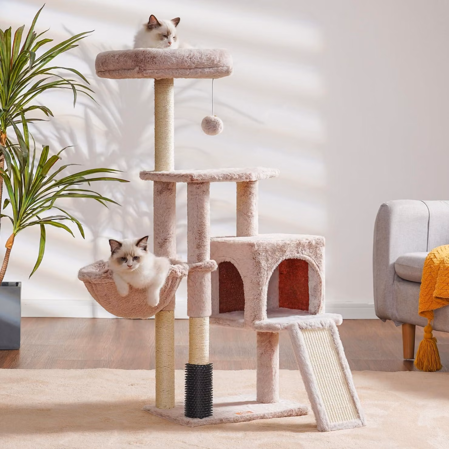 Albero per gatti, grattatore e cesta, color marrone e bianco, per gatti domestici