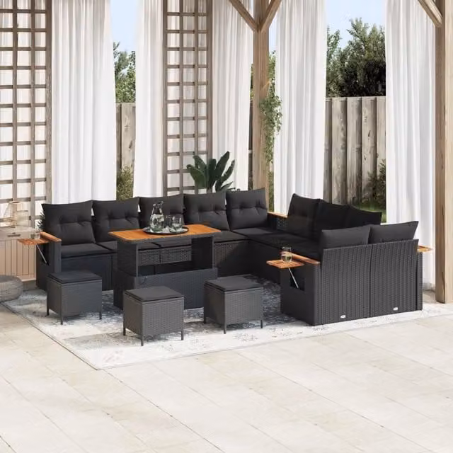 Set Divano da Giardino Moderno vidaXL a Forma a U con 14 Pezzi, Colore Nero e Marrone, Struttura in Acciaio Verniciato a Polvere e Cuscini Inclusi – 1
