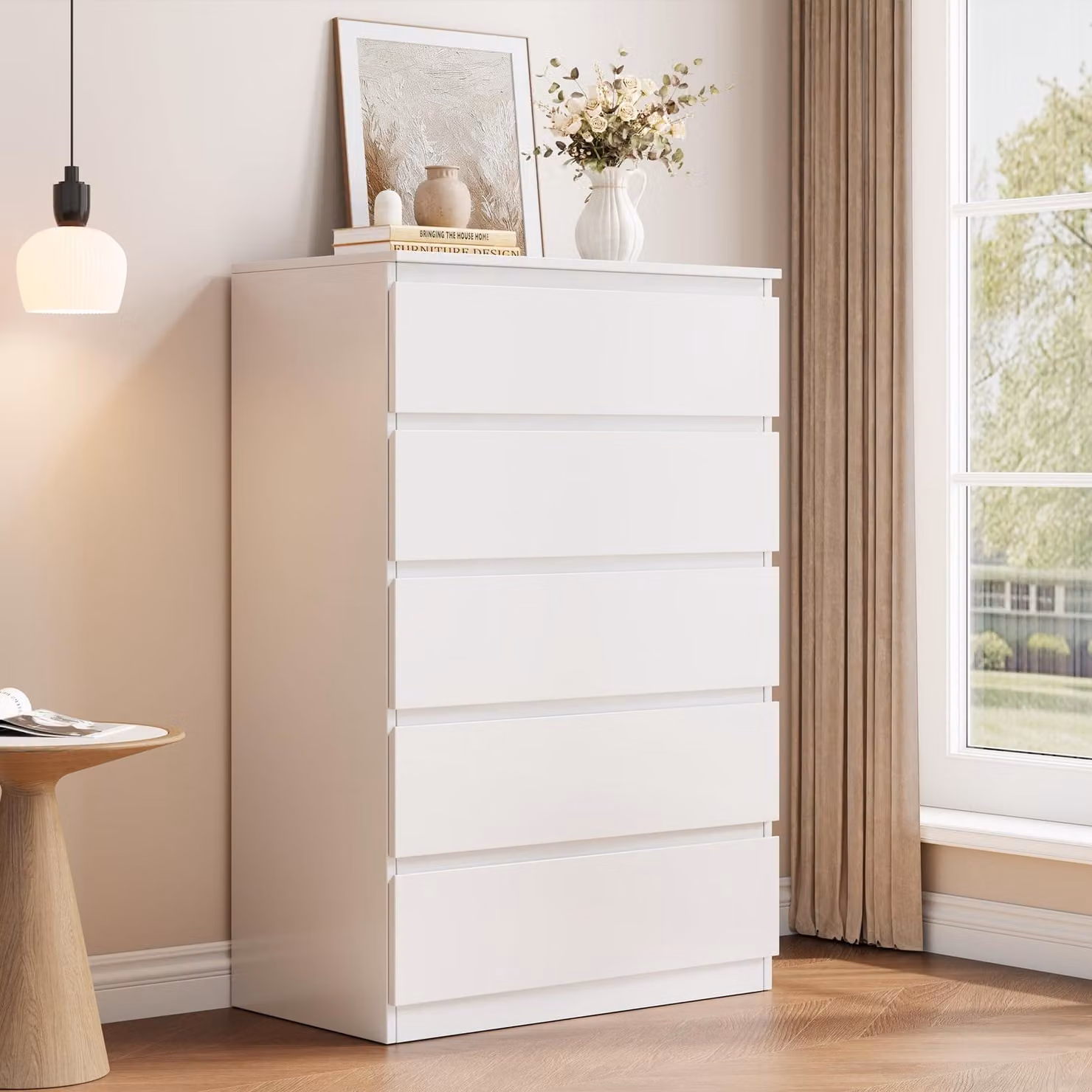Comò Jocoevol con 5 cassetti, mobiletto contenitore, cassettiera, design moderno