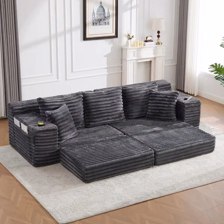 Divano letto modulare - Divano letto trasformabile - Rivestimento in tessuto - Schienale alto - 4 posti - Tasche laterali per riporre oggetti - Portabicchieri - Grigio scuro